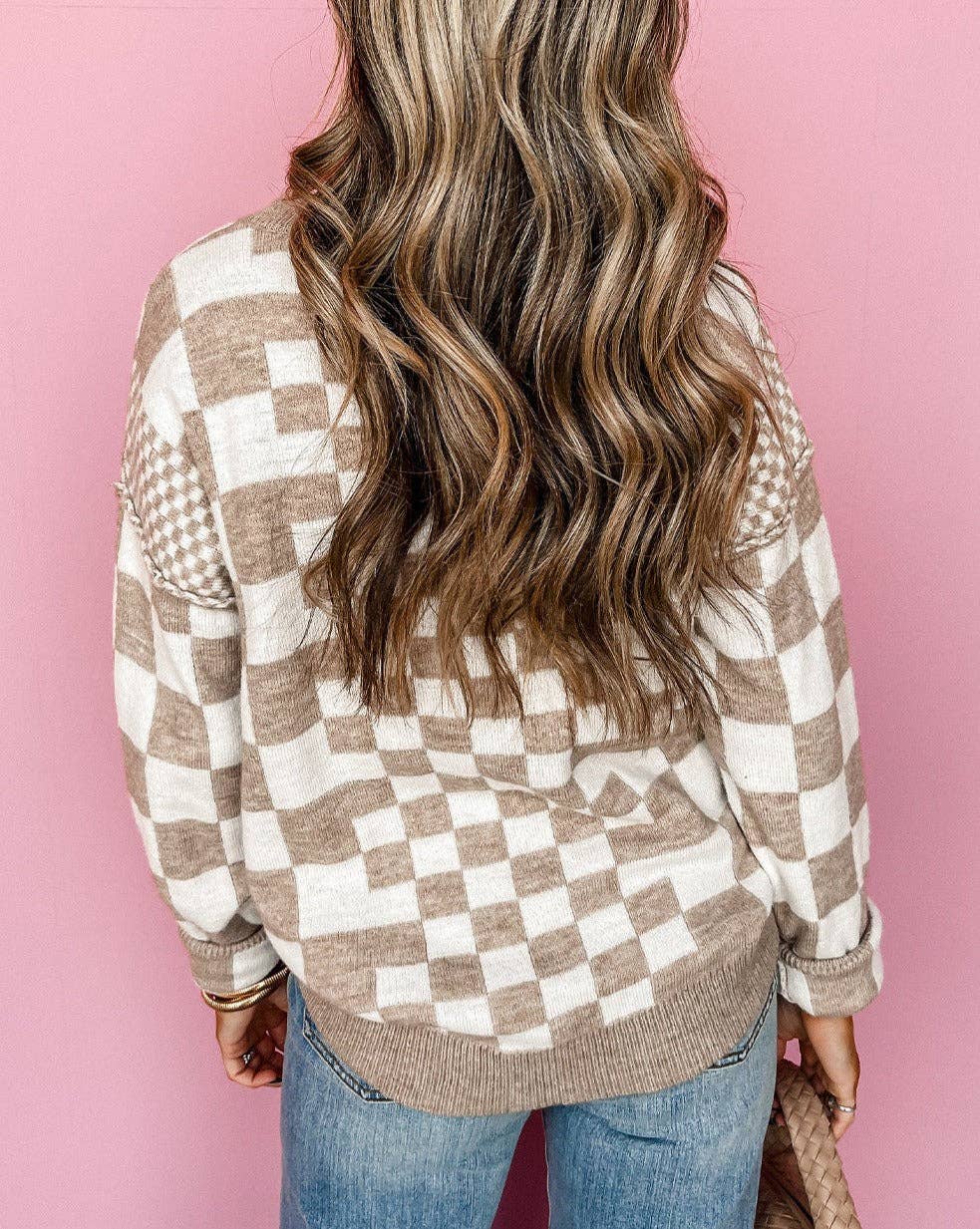 Checker Round Neck Sweater - Bold Two-Tone Print: Khaki