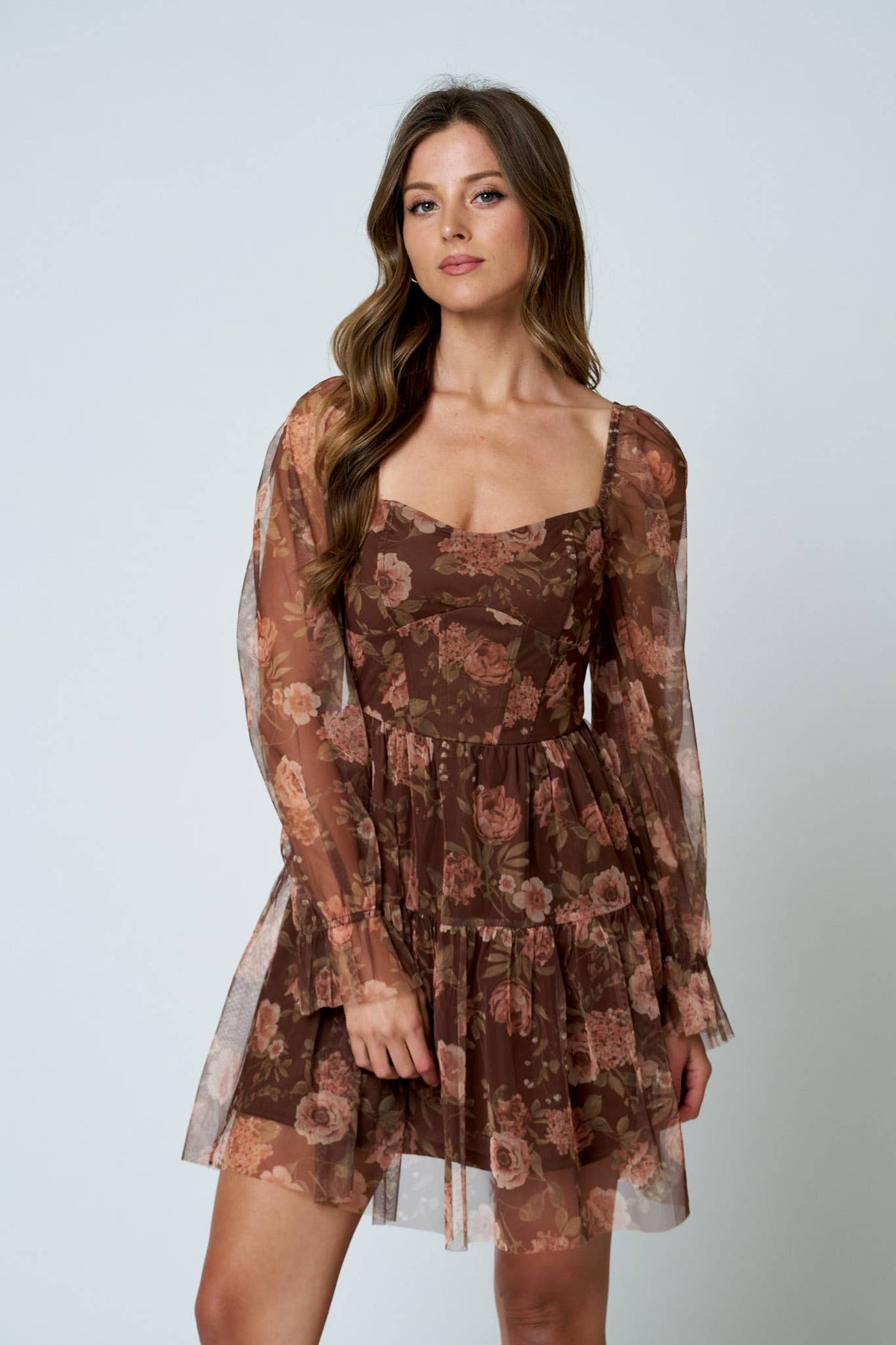 FLORAL CHIFFON LONG SLEEVE CORSET MINI DRESS: BROWN MULTI