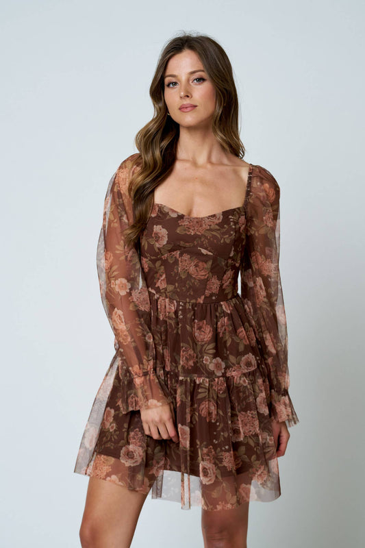 FLORAL CHIFFON LONG SLEEVE CORSET MINI DRESS: BROWN MULTI