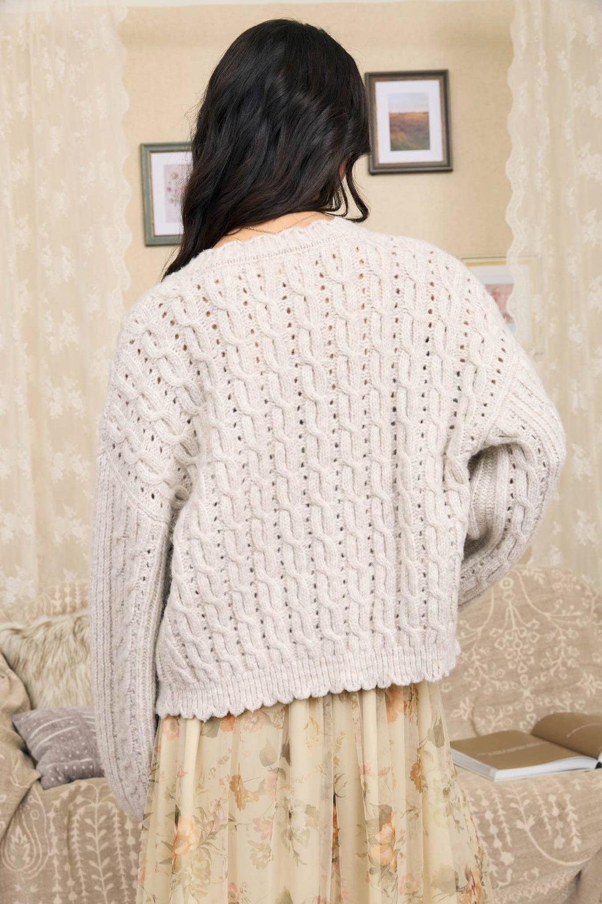 EYELET CABLE KNIT SCALLOPED TRIM KNIT CARDIGAN: TAUPE