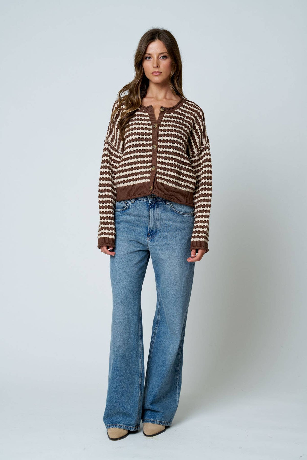TEXTURED STRIPE CROCHET KNIT BUTTON DOWN CARDIGAN : BROWN