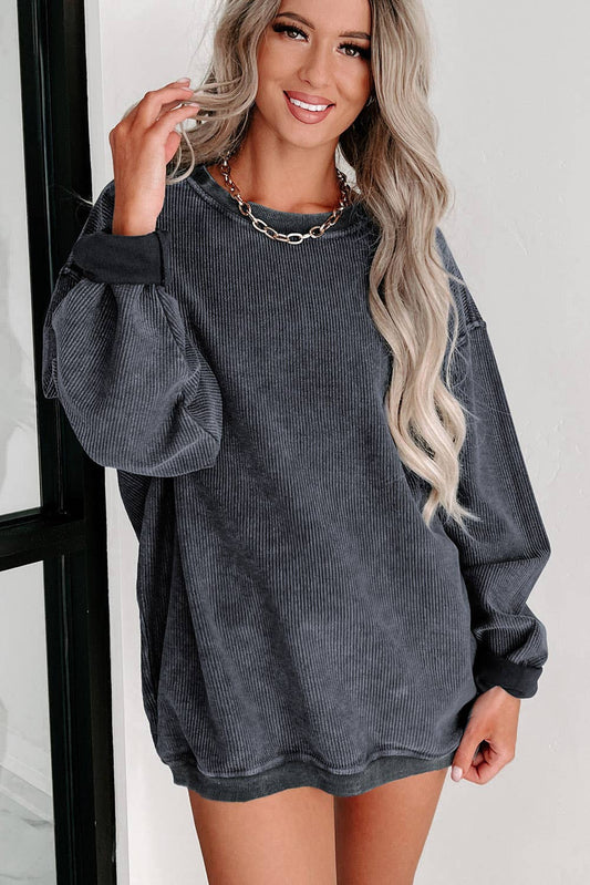 Custom Solid Ribbed Knit Round Neck Pullover Sweatshirt: Gray