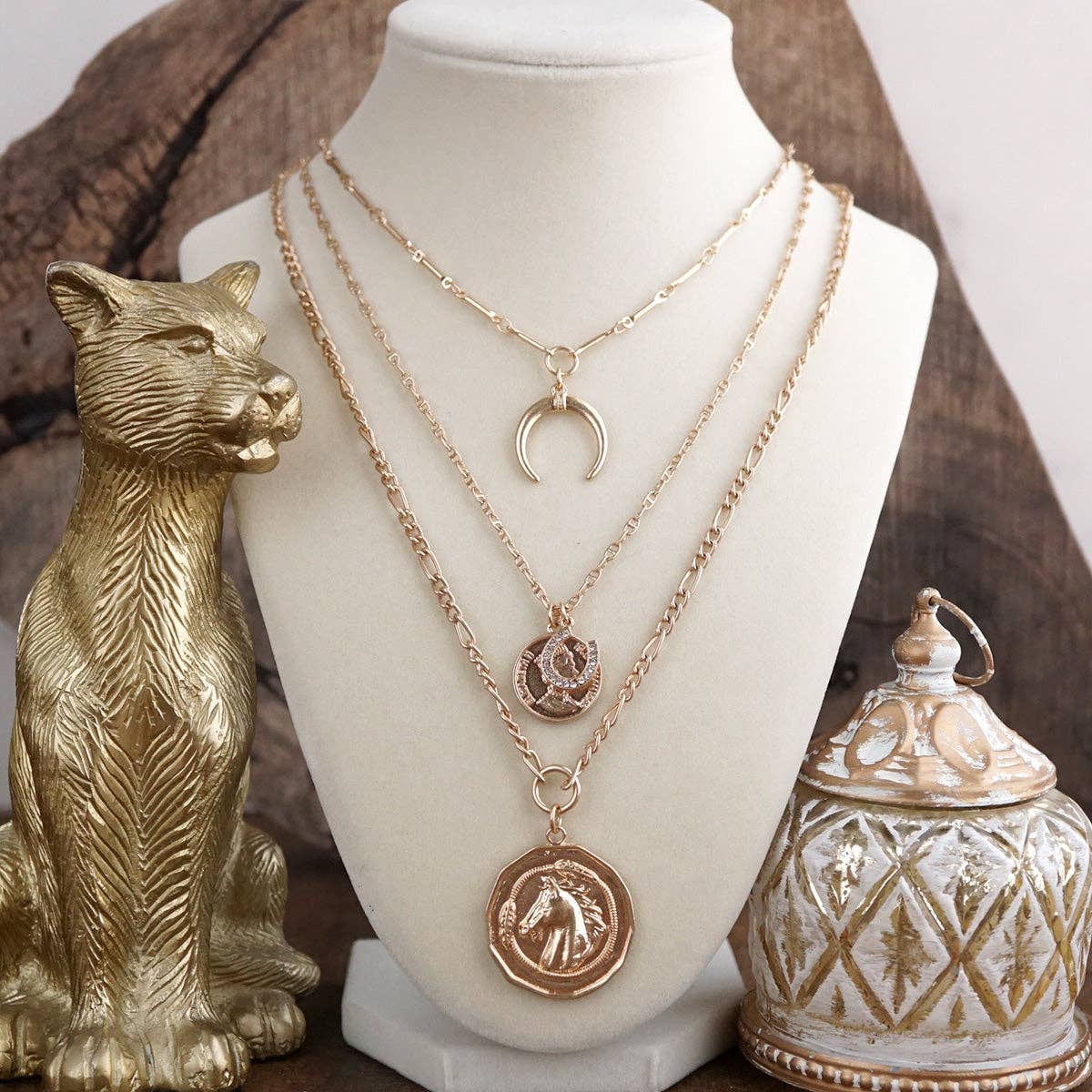 Moonlit Rider – Layered Horse Coin Necklace: Silver