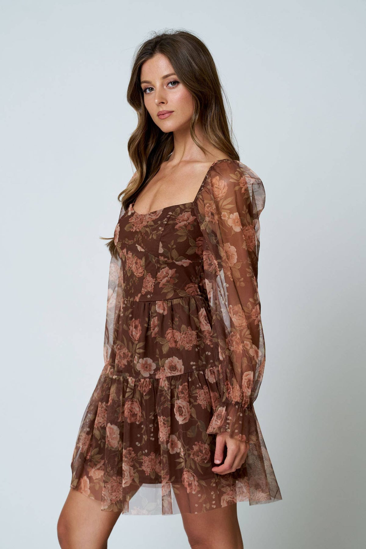 FLORAL CHIFFON LONG SLEEVE CORSET MINI DRESS: BROWN MULTI