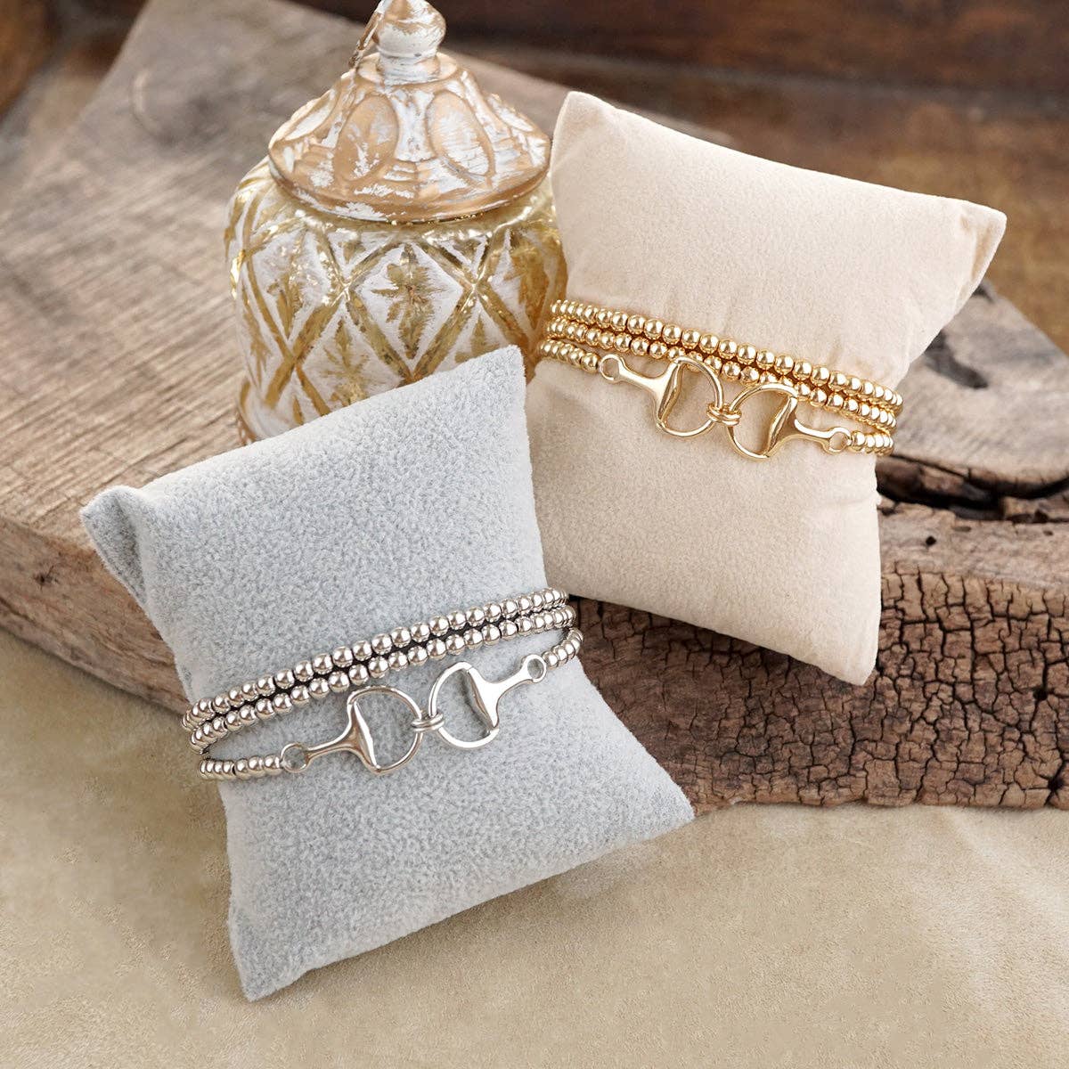 Bit of Shine – Set of 3 Stretch Bracelets with Horse Bit: Silver