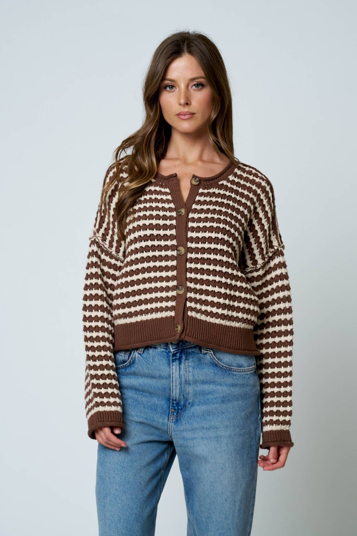 TEXTURED STRIPE CROCHET KNIT BUTTON DOWN CARDIGAN : BROWN