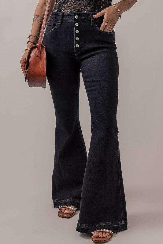 Button Front Flare Jeans: Black