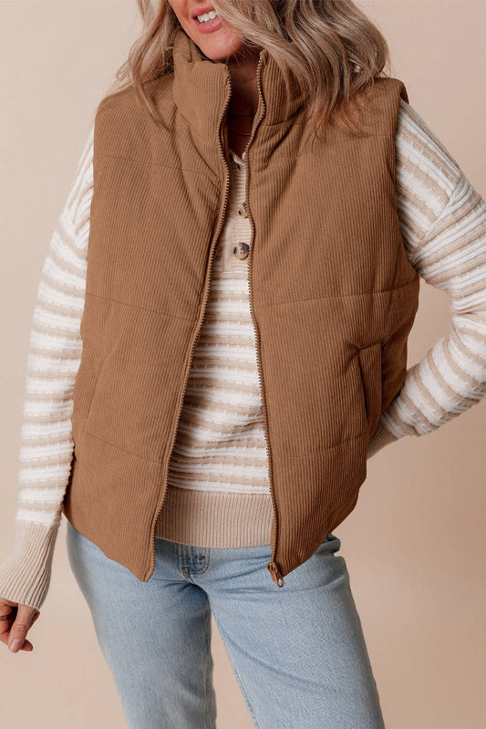 Corduroy Zip Up Puffer Vest: Coffee