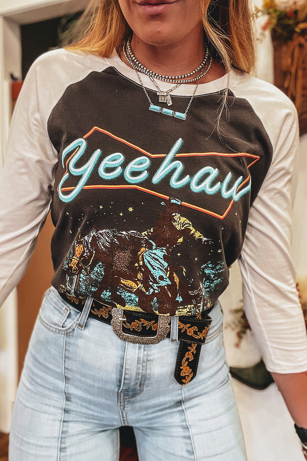 Western Yeehaw Raglan Sleeve Top: Brown