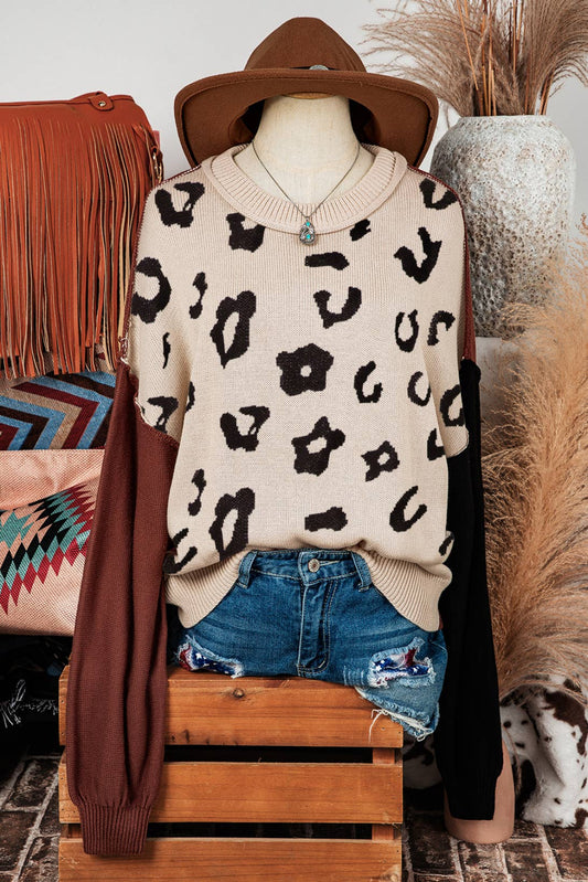 Fashion-W Western Leopard Colorblock Pullover Sweater
