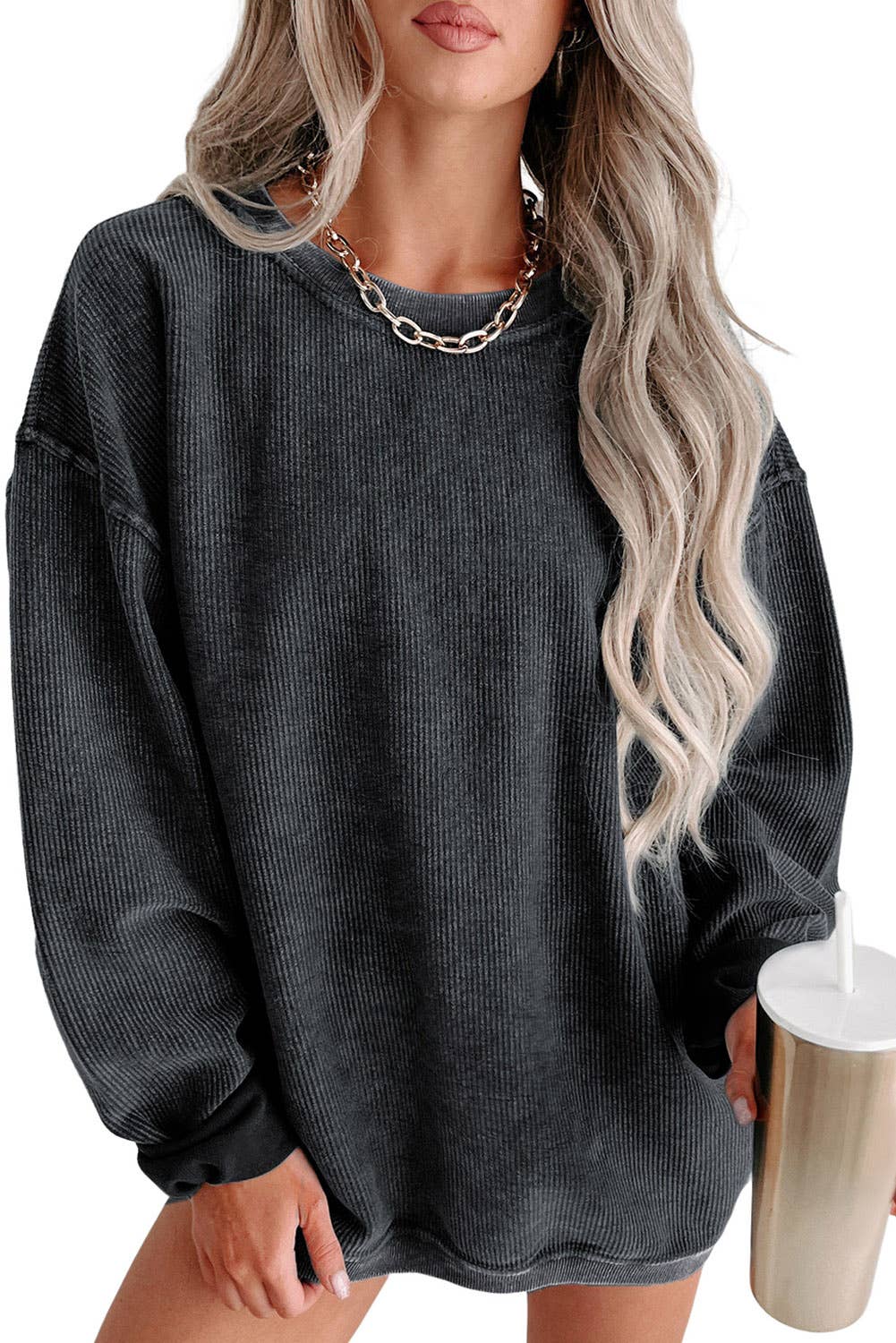 Custom Solid Ribbed Knit Round Neck Pullover Sweatshirt: Gray