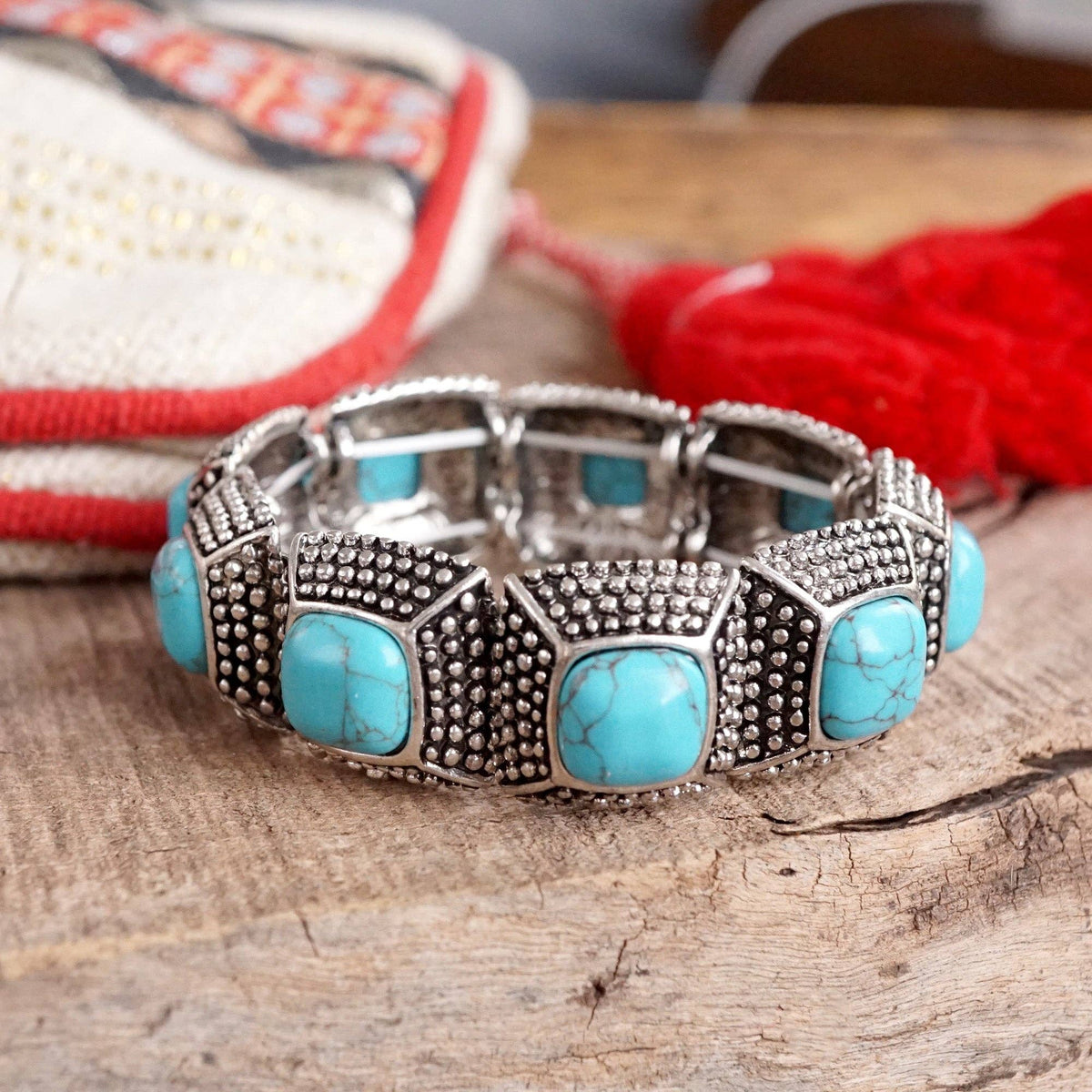 Western Stretchy Bangles – Buffalo Turquoise Flowers in Worn Silver Tone: Buffalo Coins