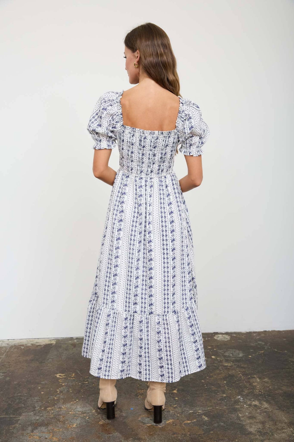 FLORAL STRIPE PUFF SLEEVE RUFFLED MIDI DRESS : NAVY