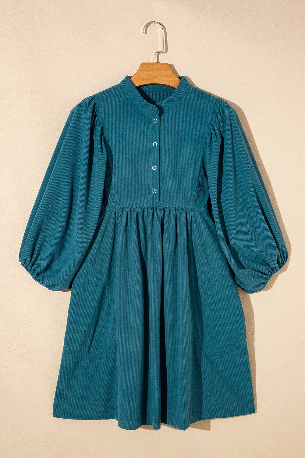 Corduroy Buttoned 3/4 Sleeve Dress: Blue