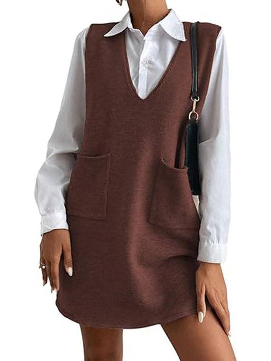 Sleeveless Pocket Mini Dress: COFFEE