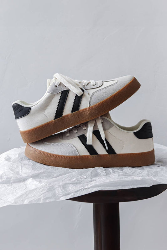 Striped Lace-up Flat Sneakers: White