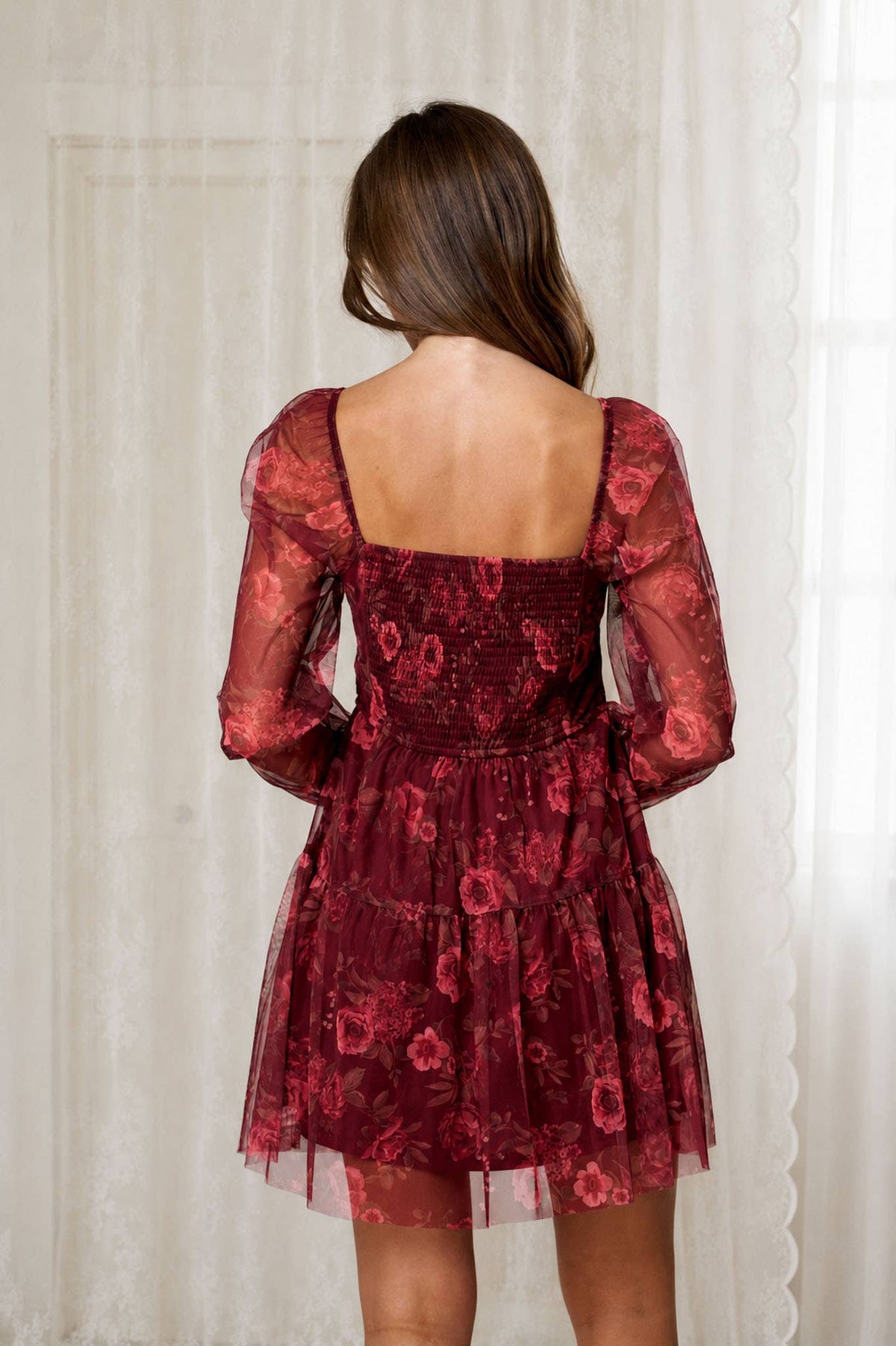 FLORAL CHIFFON LONG SLEEVE CORSET MINI DRESS: BROWN MULTI