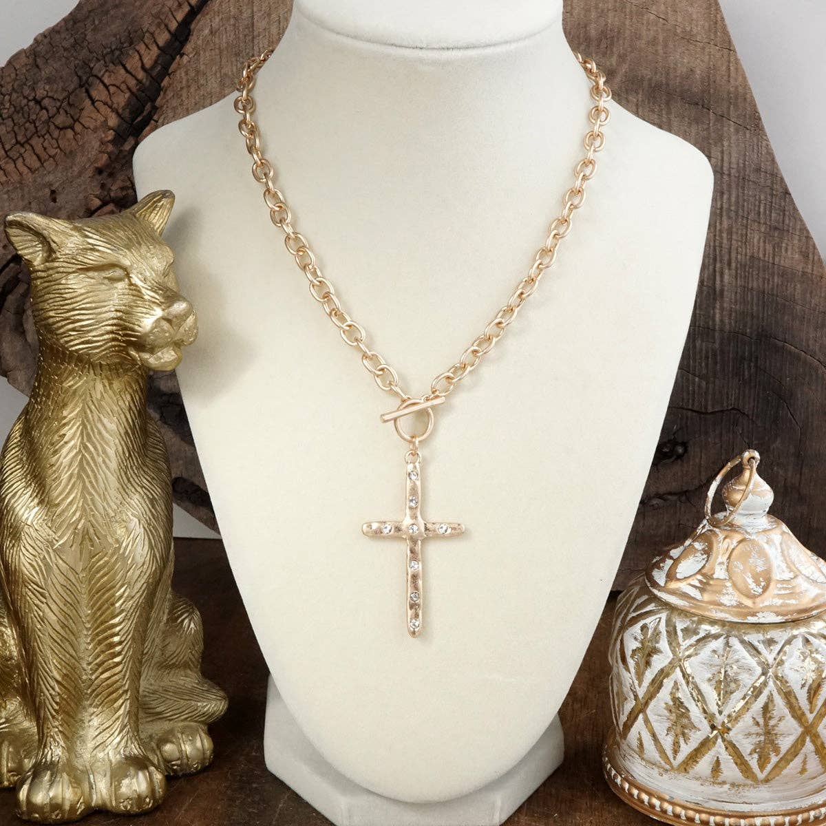 Divine Simplicity – Hammered Cross Front Toggle Necklace: Worn Silver Tone