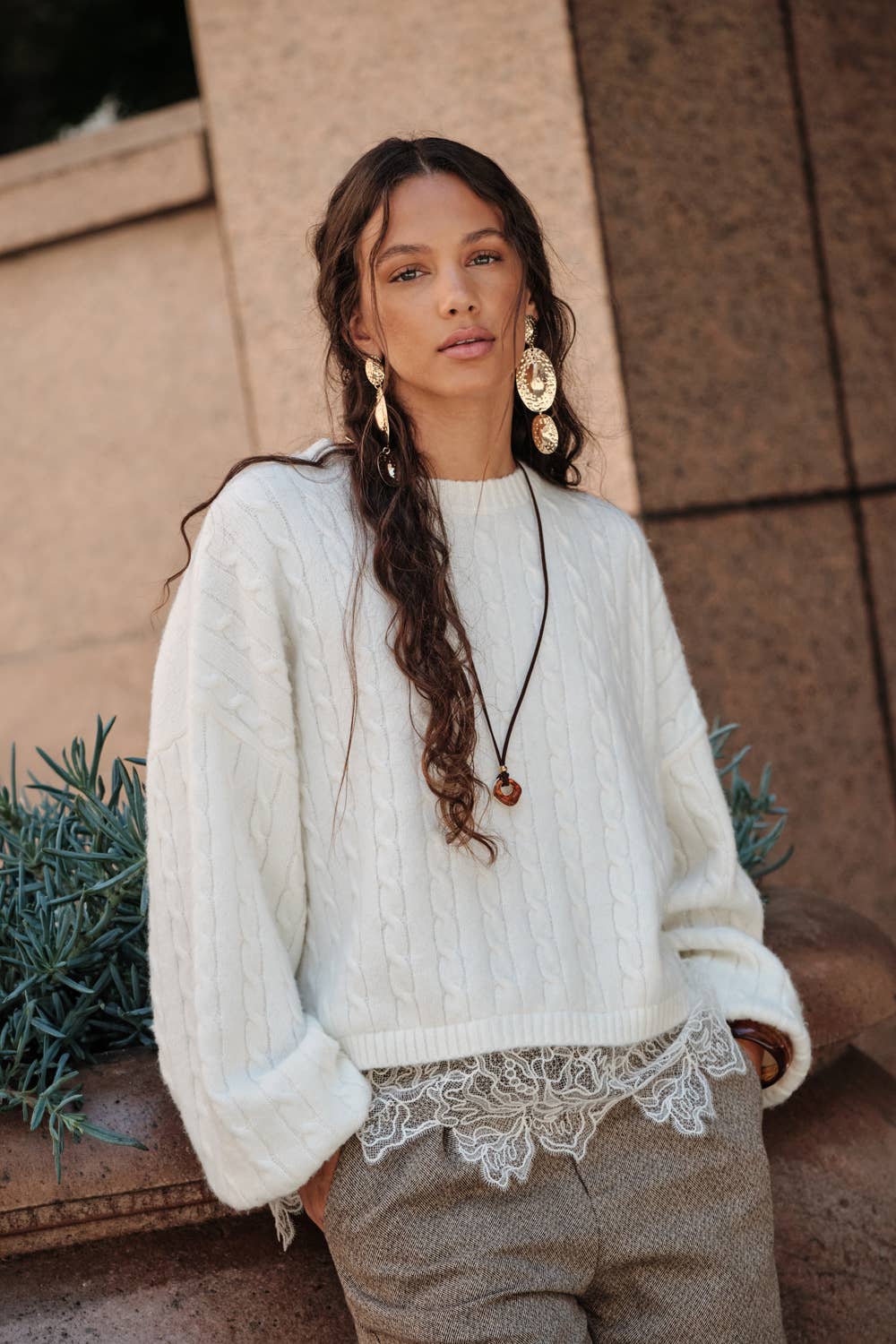 Cable Knit Crewneck Eyelash Lace Layered Hem Sweater: Cream