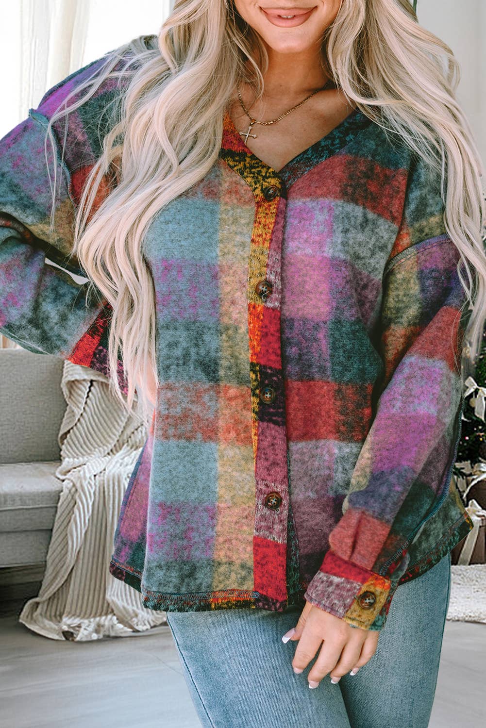 Brushed Checked Western Buttoned Jacket Multi-Colored