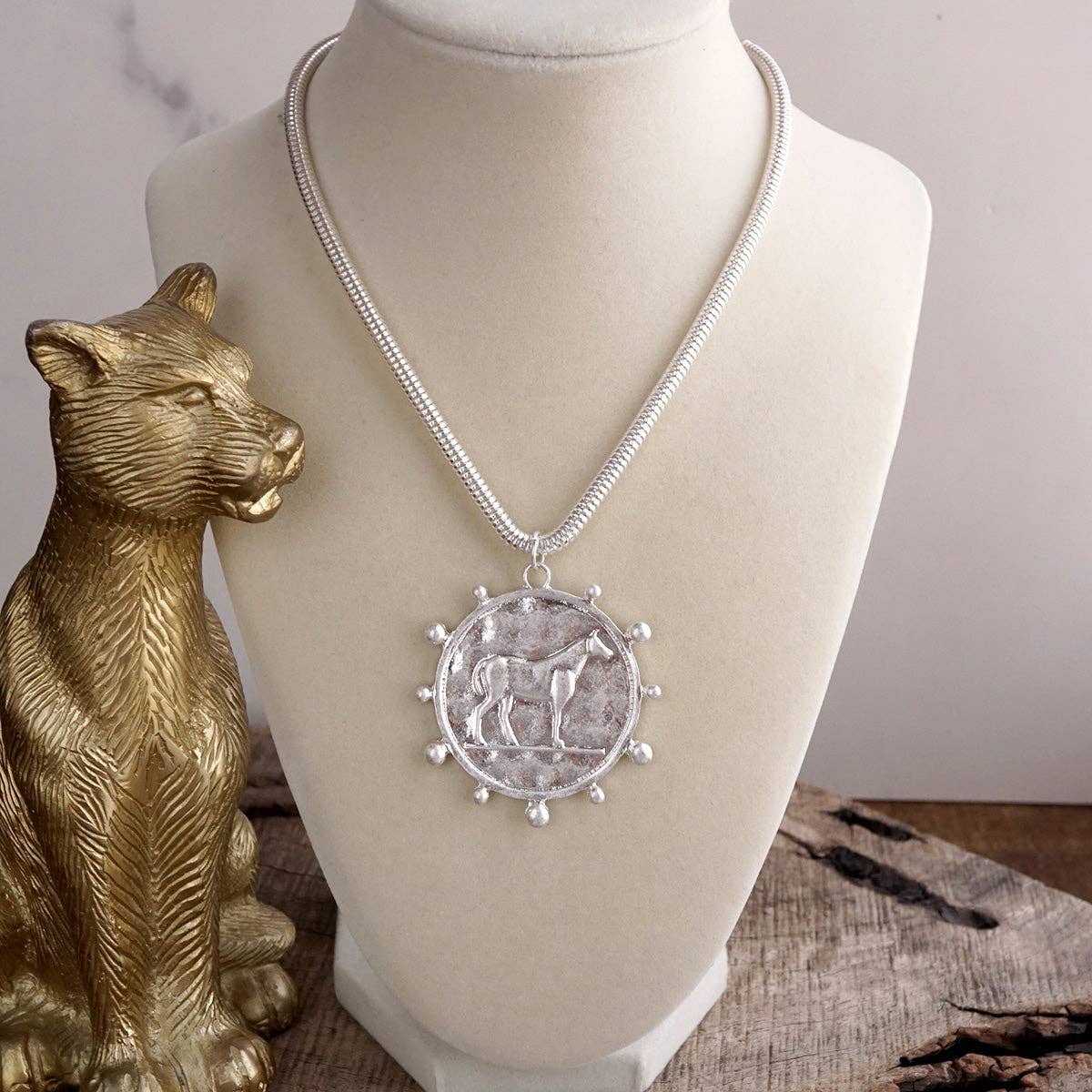 Western Horse Pendant Necklace - Gold Silver – Prairie Medallion: Worn Gold