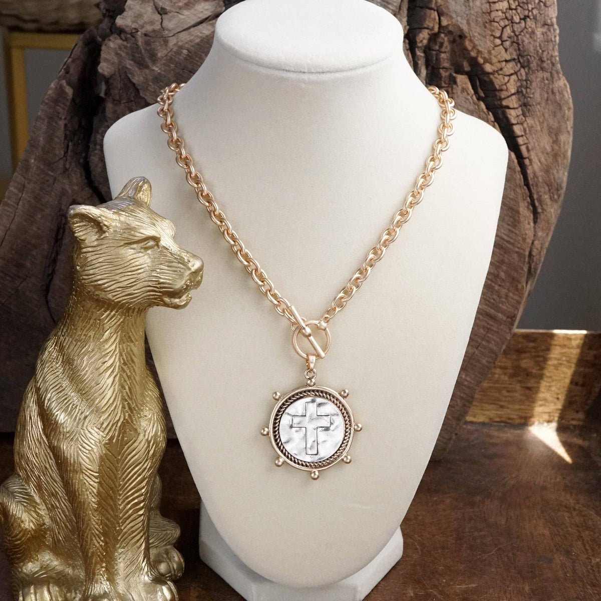 Cross Coin Chain Necklace with Front Toggle Closure – Silver or Gold Tone: Worn Silver Tone