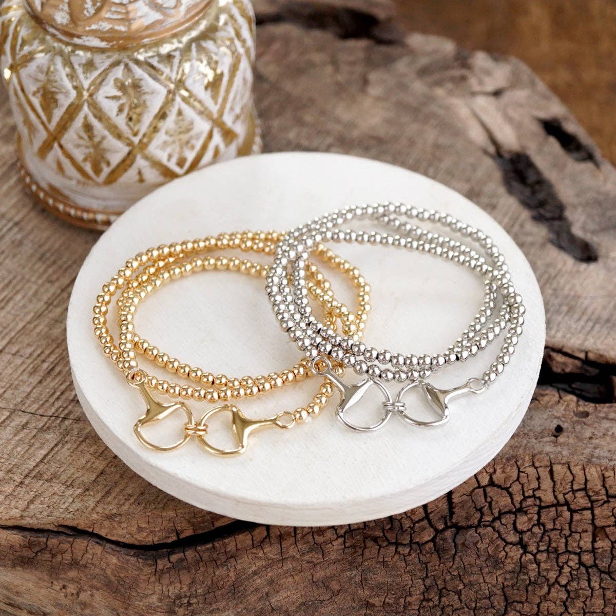 Bit of Shine – Set of 3 Stretch Bracelets with Horse Bit: Gold