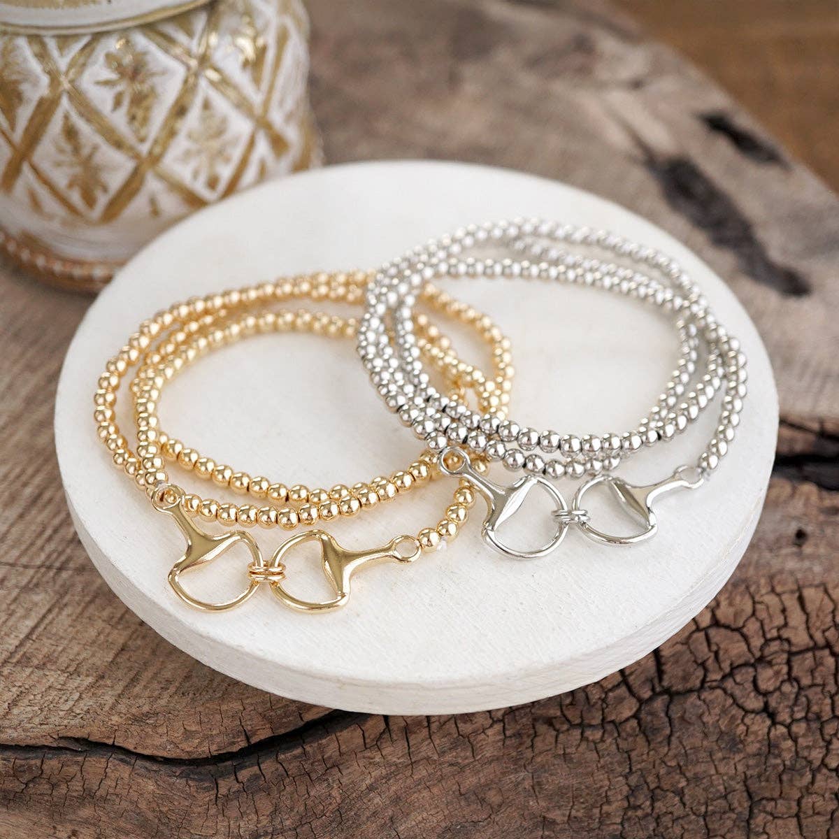 Bit of Shine – Set of 3 Stretch Bracelets with Horse Bit: Gold